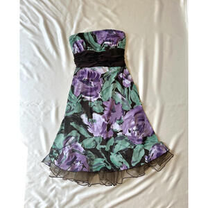 Green Purple and Brown Floral Strapless Dress Vintage